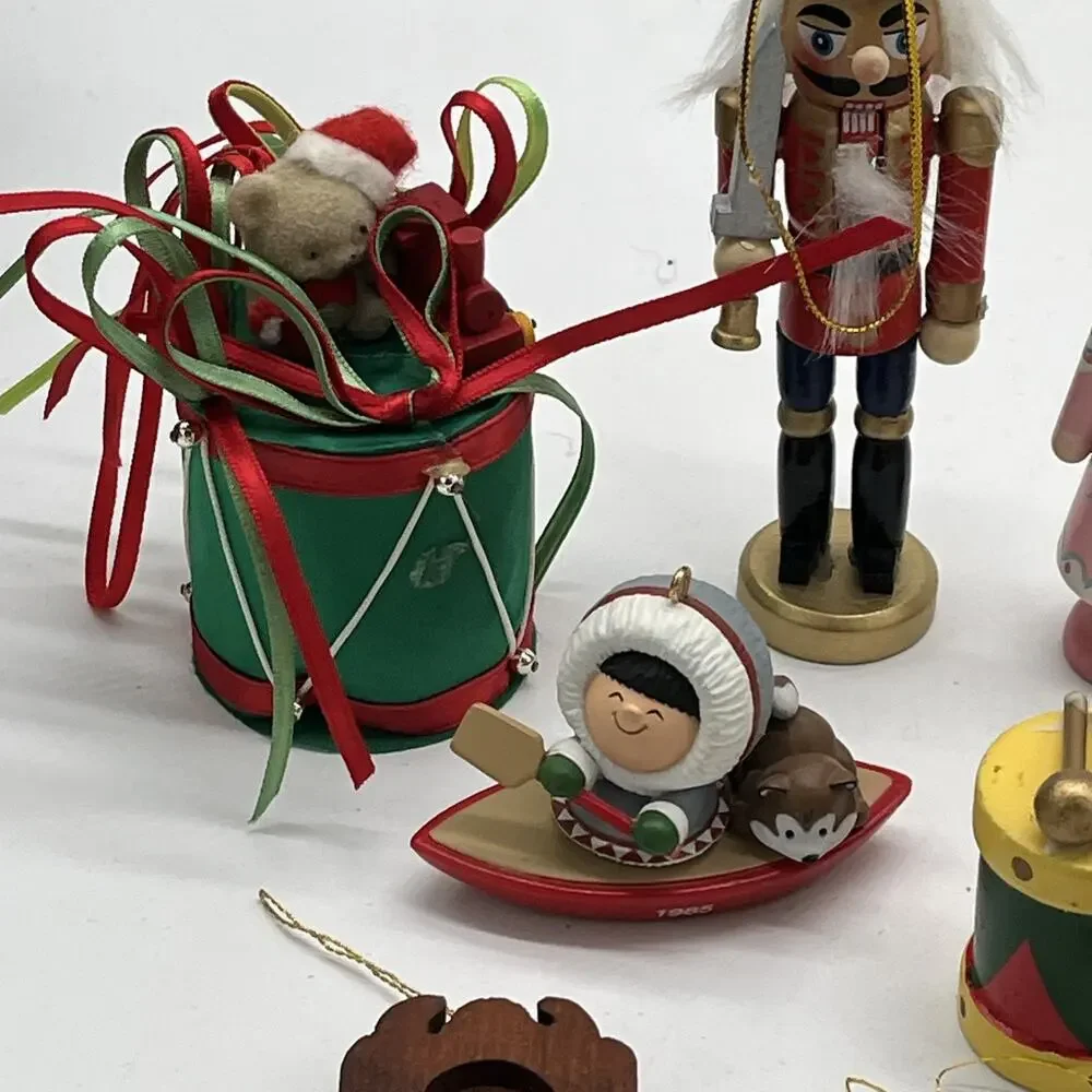 Vintage Lot Of 16 Christmas Ornaments Wooden Flocked Assorted MCM Nutcracker